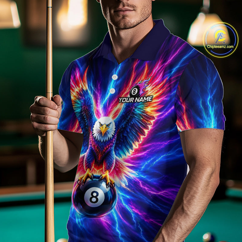 Eagle Billiard Polo 1/4-Zip Shirt For Men Custom Neon Colorful Thunder 8 Ball Pool Jersey Gift NYN4594
