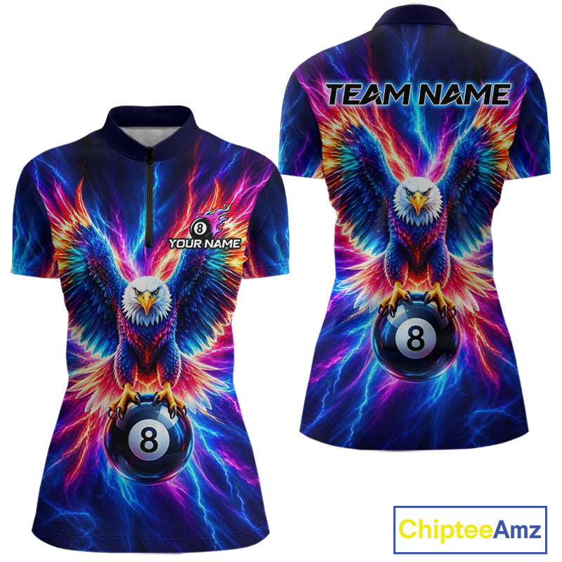 Eagle Billiard Polo 1/4-Zip Shirt For Women Custom Neon Colorful Thunder 8 Ball Pool Jersey Gift NYN4594
