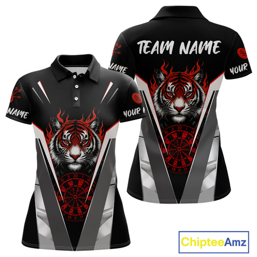 Custom Women's Dart Team Shirt With Roaring Tiger Dartboard - Silver & Black Jersey NYN0337