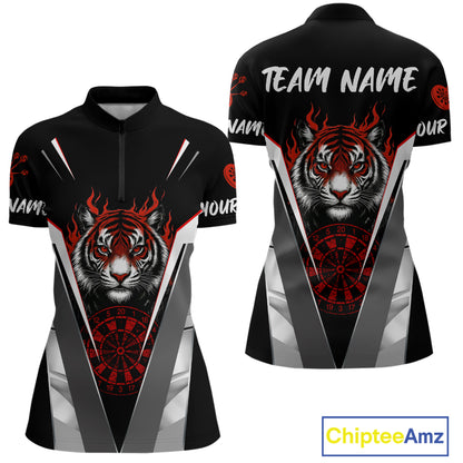 Custom Women's Dart Team Shirt With Roaring Tiger Dartboard - Silver & Black Jersey NYN0337