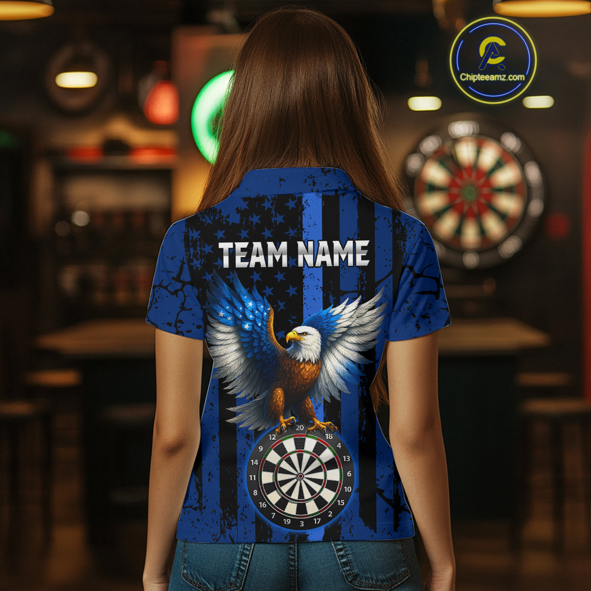 US Flag Eagle Dartboard Grunge Blue Darts Shirt For Women - Custom Name & Team Jersey NYN0609