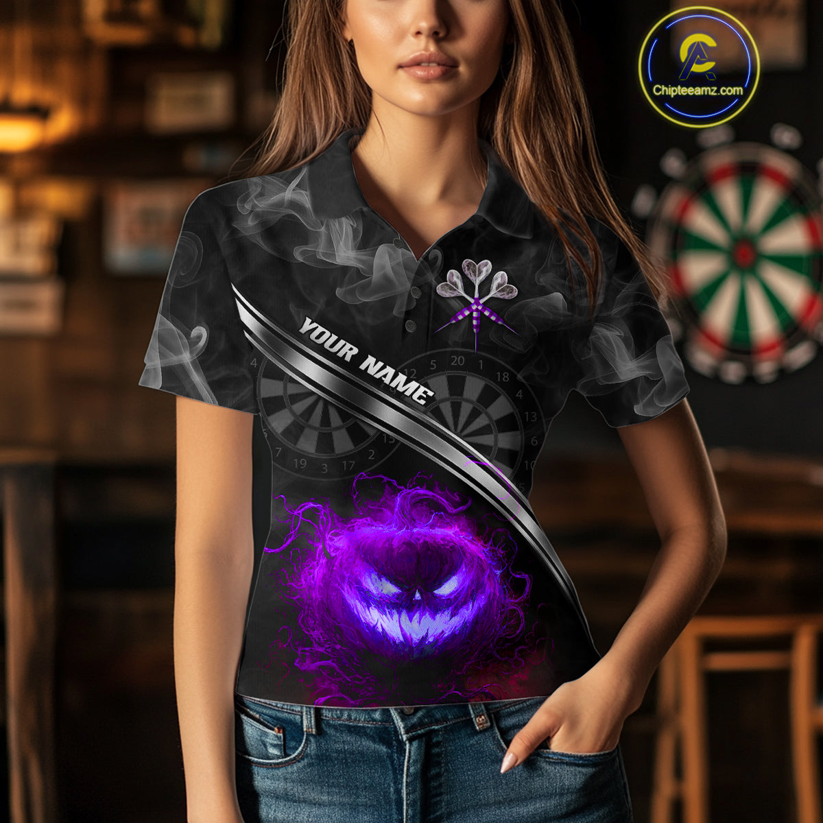 Halloween Women Darts Shirt Personalized Purple Pumpkin Dartboard, Halloween Dart Jerseys NYN1166