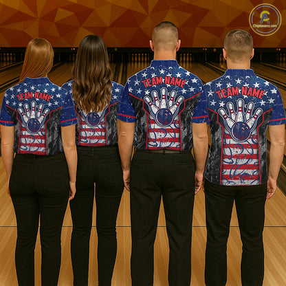 Grunge American Flag Bowling Polo & 1/4 Zip Shirts For Women Custom Patriotic Team Bowling Jerseys NYN3128