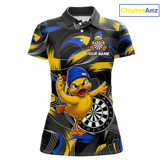 Blue and yellow brush funny duck women's darts polo shirt, custom dart team uniform, personalized dart name jersey, funny dart apparel, novelty darts clothing