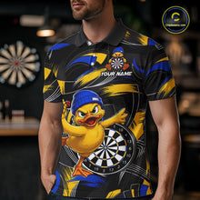 Load image into Gallery viewer, Male darts player wearing funny duck dart jersey, blue yellow brush dart shirt, personalized darts team uniform, fun darts apparel
