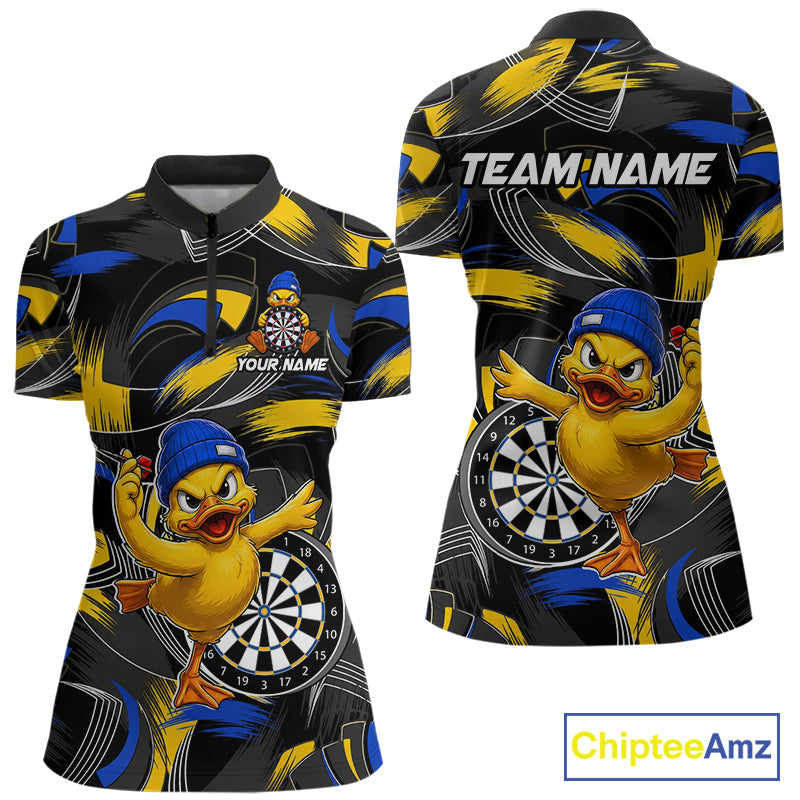 Blue and yellow brush funny duck women's quarter-zip dart shirt, custom darts team jersey, personalized dart player apparel