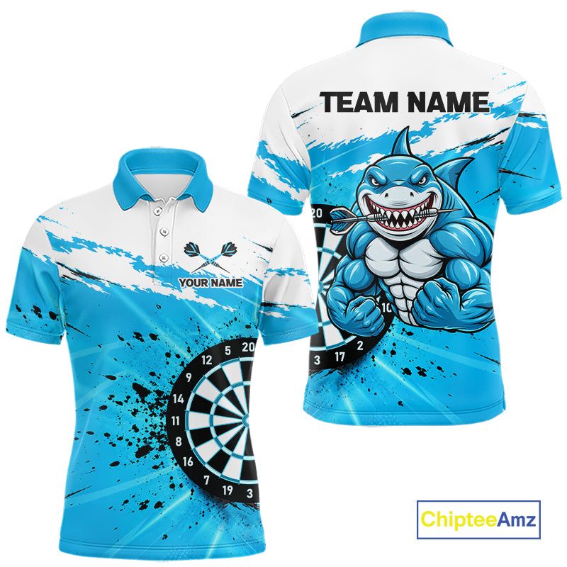 Funny Muscle Shark Darts Polo 1/4-Zip Shirt For Men Custom Blue Splatter Dartboard Darts Team Jersey NYN4954