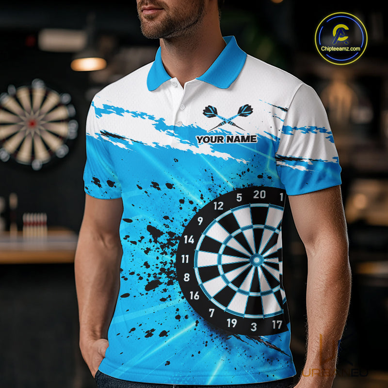 Funny Muscle Shark Darts Polo 1/4-Zip Shirt For Men Custom Blue Splatter Dartboard Darts Team Jersey NYN4954