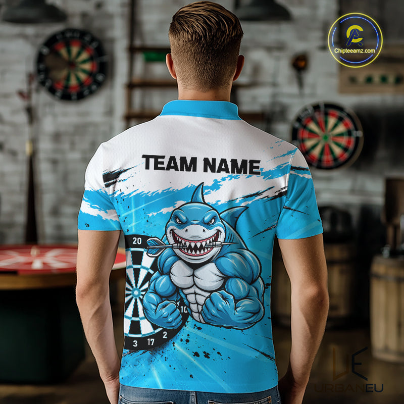 Funny Muscle Shark Darts Polo 1/4-Zip Shirt For Men Custom Blue Splatter Dartboard Darts Team Jersey NYN4954