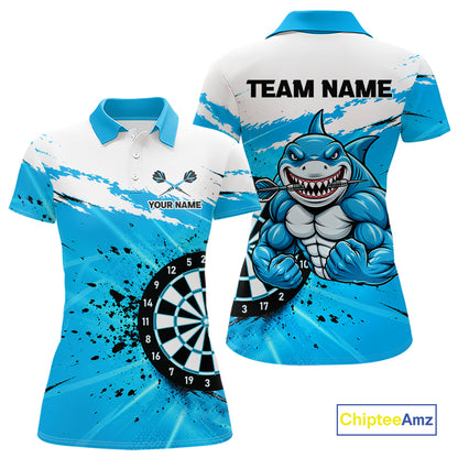 Funny Muscle Shark Darts Polo 1/4-Zip Shirt For Women Custom Blue Splatter Dartboard Darts Team Jersey NYN4954