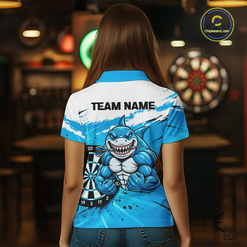 Funny Muscle Shark Darts Polo 1/4-Zip Shirt For Women Custom Blue Splatter Dartboard Darts Team Jersey NYN4954