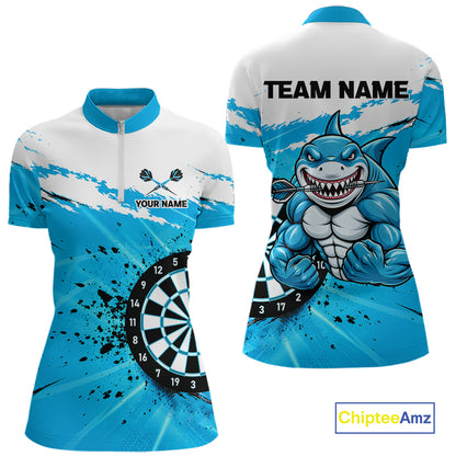 Funny Muscle Shark Darts Polo 1/4-Zip Shirt For Women Custom Blue Splatter Dartboard Darts Team Jersey NYN4954