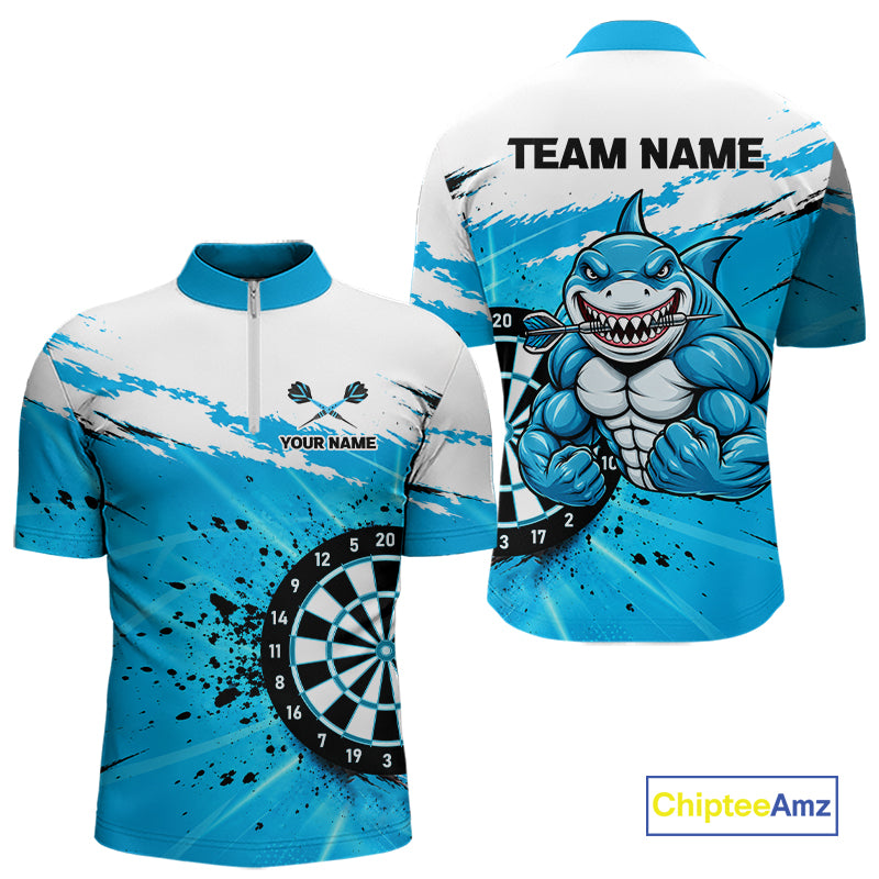 Funny Muscle Shark Darts Polo 1/4-Zip Shirt For Men Custom Blue Splatter Dartboard Darts Team Jersey NYN4954