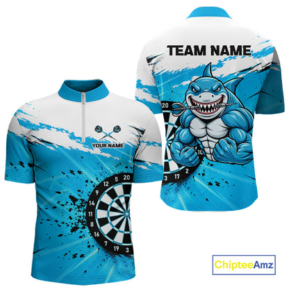 Funny Muscle Shark Darts Polo 1/4-Zip Shirt For Men Custom Blue Splatter Dartboard Darts Team Jersey NYN4954