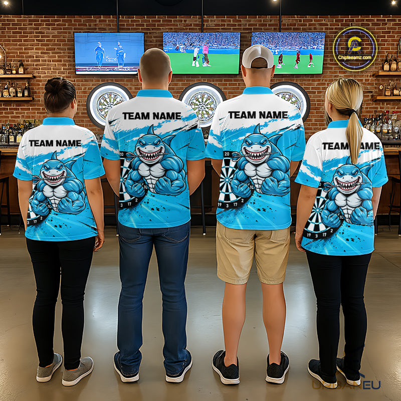 Funny Muscle Shark Darts Polo 1/4-Zip Shirt For Women Custom Blue Splatter Dartboard Darts Team Jersey NYN4954