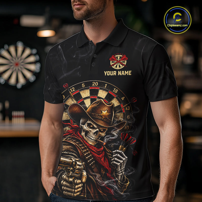 Funny Cowboy Skeleton Darts Polo 1/4-Zip Shirt For Men Custom Smoke Darts Uniform Darts Team Jersey NYN4957