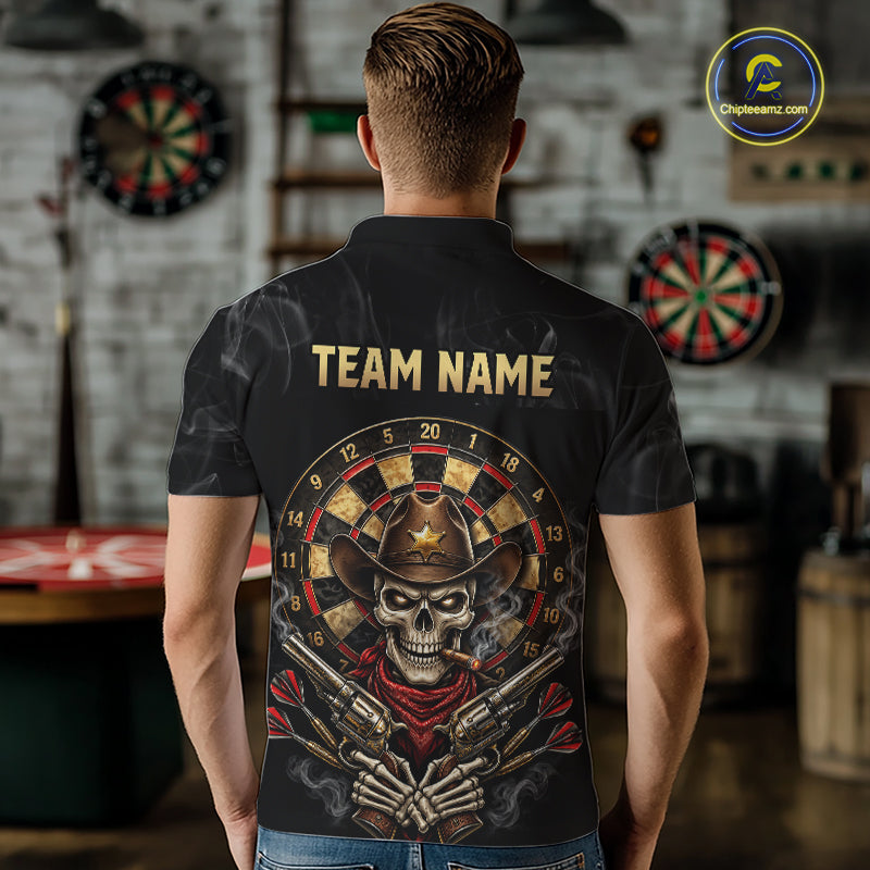 Funny Cowboy Skeleton Darts Polo 1/4-Zip Shirt For Men Custom Smoke Darts Uniform Darts Team Jersey NYN4957