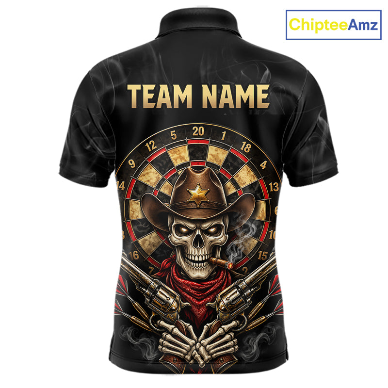 Funny Cowboy Skeleton Darts Polo 1/4-Zip Shirt For Men Custom Smoke Darts Uniform Darts Team Jersey NYN4957