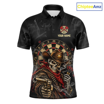 Funny Cowboy Skeleton Darts Polo 1/4-Zip Shirt For Men Custom Smoke Darts Uniform Darts Team Jersey NYN4957