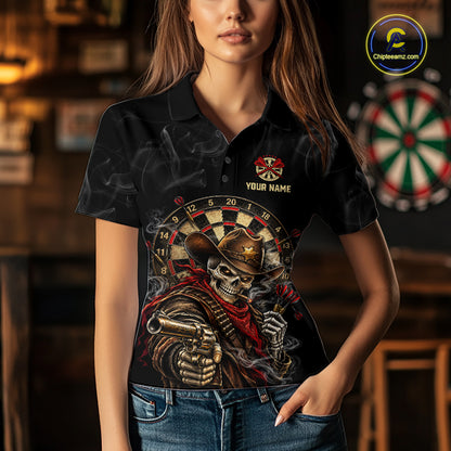 Funny Cowboy Skeleton Darts Polo 1/4-Zip Shirt For Women Custom Smoke Darts Uniform Darts Team Jersey NYN4957
