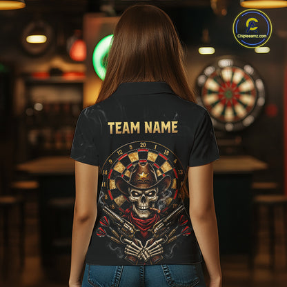Funny Cowboy Skeleton Darts Polo 1/4-Zip Shirt For Women Custom Smoke Darts Uniform Darts Team Jersey NYN4957