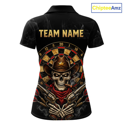 Funny Cowboy Skeleton Darts Polo 1/4-Zip Shirt For Women Custom Smoke Darts Uniform Darts Team Jersey NYN4957