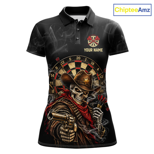 Funny Cowboy Skeleton Darts Polo 1/4-Zip Shirt For Women Custom Smoke Darts Uniform Darts Team Jersey NYN4957