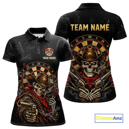 Funny Cowboy Skeleton Darts Polo 1/4-Zip Shirt For Women Custom Smoke Darts Uniform Darts Team Jersey NYN4957