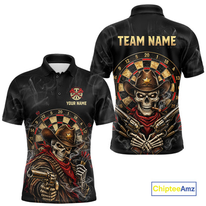 Funny Cowboy Skeleton Darts Polo 1/4-Zip Shirt For Men Custom Smoke Darts Uniform Darts Team Jersey NYN4957