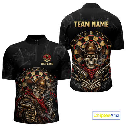 Funny Cowboy Skeleton Darts Polo 1/4-Zip Shirt For Men Custom Smoke Darts Uniform Darts Team Jersey NYN4957