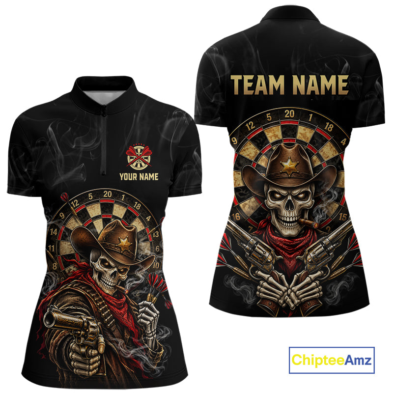 Funny Cowboy Skeleton Darts Polo 1/4-Zip Shirt For Women Custom Smoke Darts Uniform Darts Team Jersey NYN4957