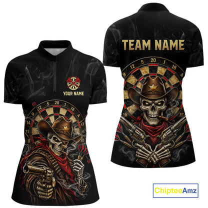 Funny Cowboy Skeleton Darts Polo 1/4-Zip Shirt For Women Custom Smoke Darts Uniform Darts Team Jersey NYN4957