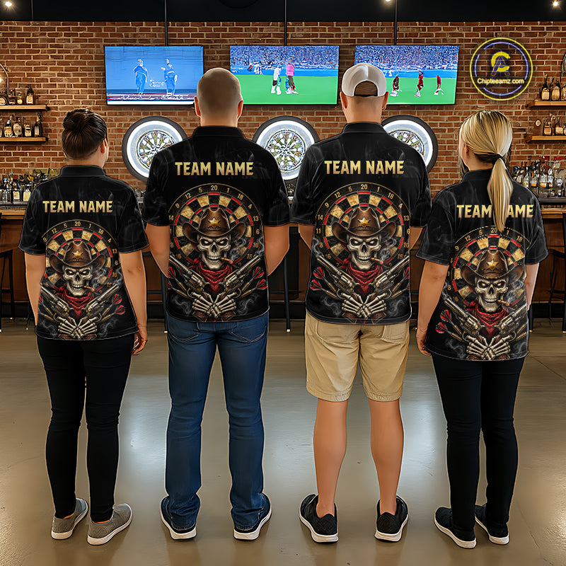 Funny Cowboy Skeleton Darts Polo 1/4-Zip Shirt For Women Custom Smoke Darts Uniform Darts Team Jersey NYN4957