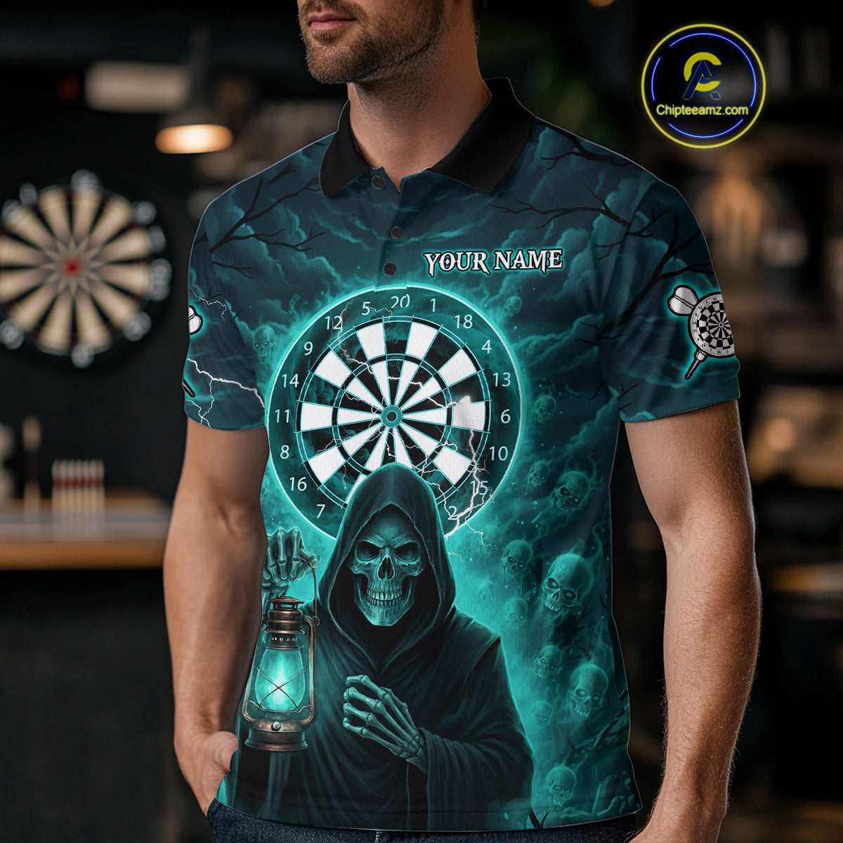 Teal Neon Grim Reaper Lightning Skull Darts League Shirt Custom Skull Men Darts Jersey NYN2036