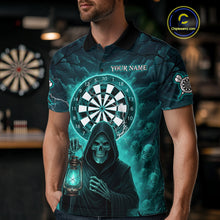 Load image into Gallery viewer, Teal Neon Grim Reaper Lightning Skull Darts League Shirt Custom Skull Men Darts Jersey NYN2036