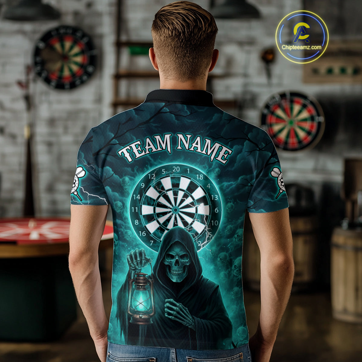 Teal Neon Grim Reaper Lightning Skull Darts League Shirt Custom Skull Men Darts Jersey NYN2036