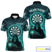 Load image into Gallery viewer, Teal Neon Grim Reaper Lightning Skull Darts League Shirt Custom Skull Men Darts Jersey NYN2036