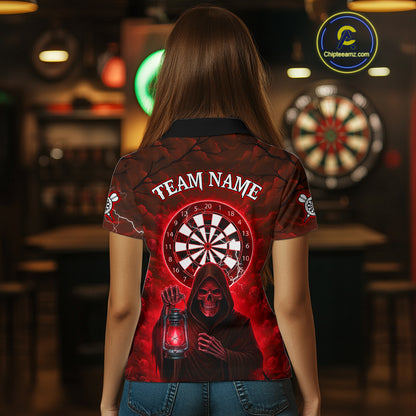 Red Neon Grim Reaper Lightning Skull Darts League Shirt Custom Skull Women Darts Jersey NYN2037