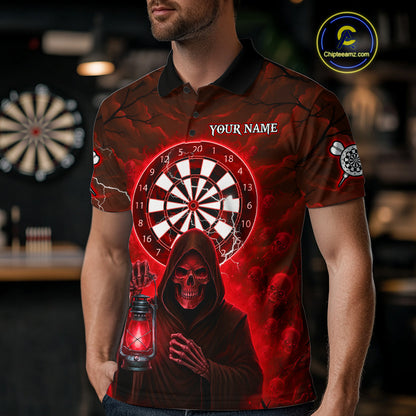 Red Neon Grim Reaper Lightning Skull Darts League Shirt Custom Skull Men Darts Jersey NYN2037