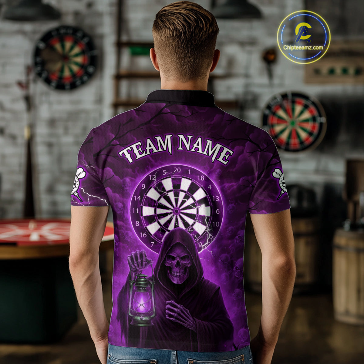 Purple Neon Grim Reaper Lightning Skull Darts League Shirt Custom Skull Men Darts Jersey NYN2038