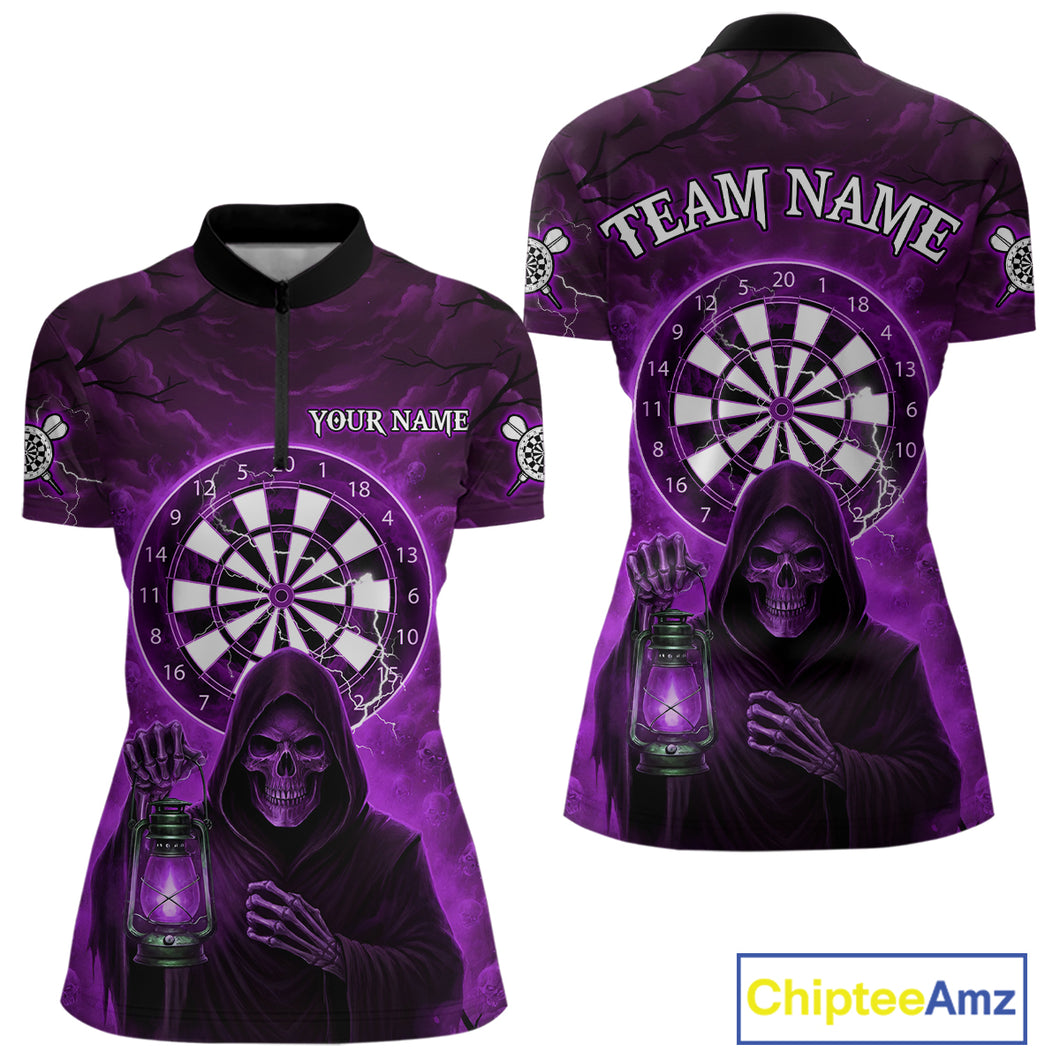 Purple Neon Grim Reaper Lightning Skull Darts League Shirt Custom Skull Women 1/4-Zip Darts Jersey NYN2038