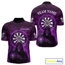 Load image into Gallery viewer, Purple Neon Grim Reaper Lightning Skull Darts League Shirt Custom Skull Men 1/4-Zip Darts Jersey NYN2038