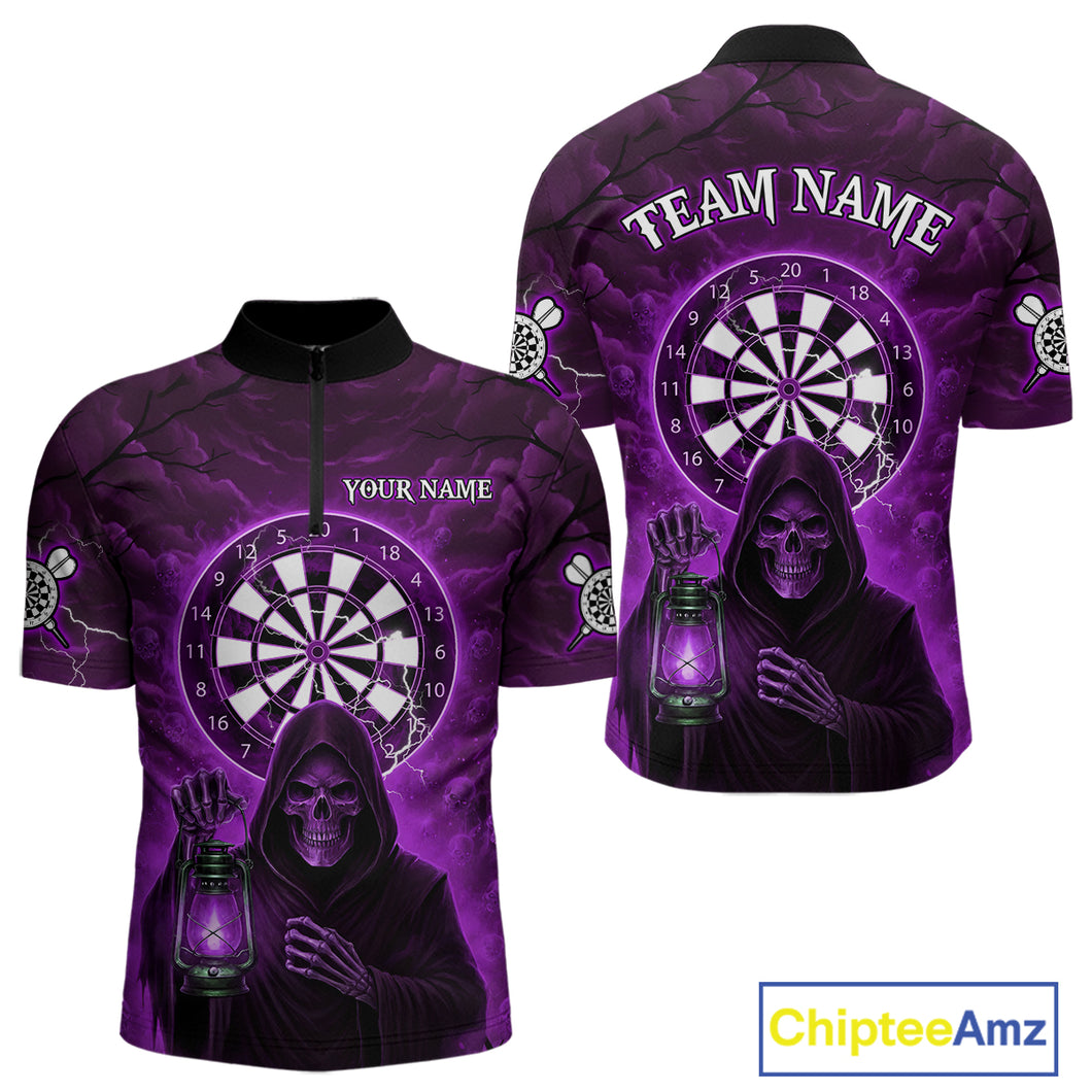 Purple Neon Grim Reaper Lightning Skull Darts League Shirt Custom Skull Men 1/4-Zip Darts Jersey NYN2038