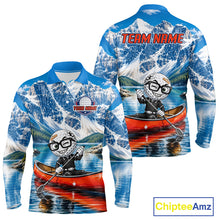 Load image into Gallery viewer, Long-sleeve shirt with mountain and kayak design, featuring 'Team Name'