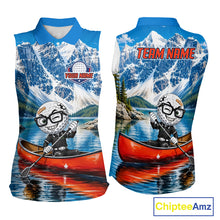 Load image into Gallery viewer, Sleeveless shirt with golf ball character in a canoe against a mountain lake background, featuring 'Team Name' text.