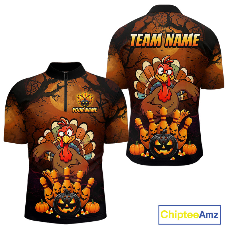 Funny Turkey Pumpkin Bowling Ball Shirt For Men Custom Bowling Turkey Halloween Bowling Team Jerseys NYN4214