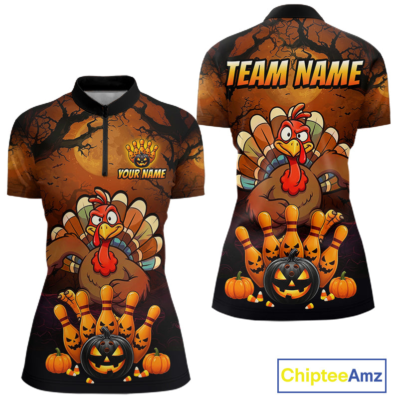 Funny Turkey Pumpkin Bowling Ball Shirt For Women Custom Bowling Turkey Halloween Bowling Team Jerseys NYN4214