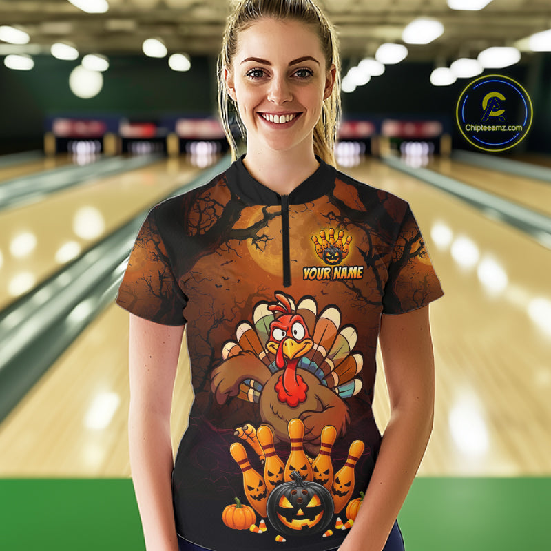 Funny Turkey Pumpkin Bowling Ball Shirt For Women Custom Bowling Turkey Halloween Bowling Team Jerseys NYN4214