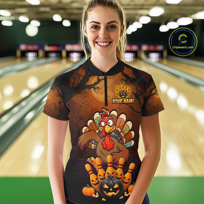 Funny Turkey Pumpkin Bowling Ball Shirt For Women Custom Bowling Turkey Halloween Bowling Team Jerseys NYN4214