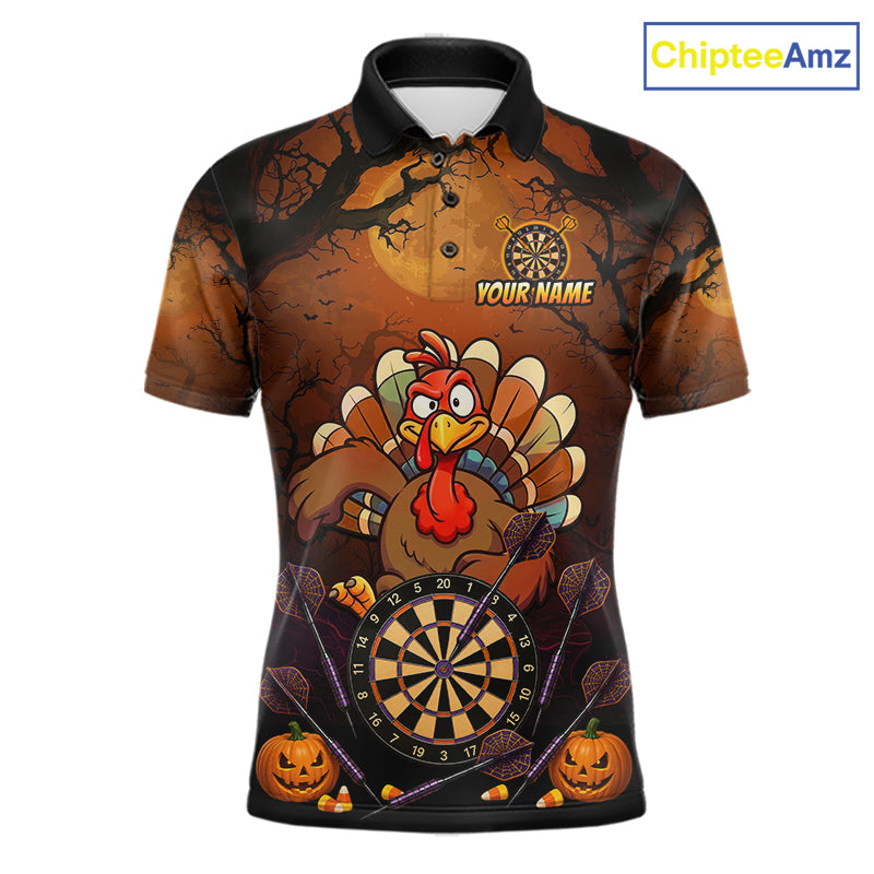 Funny Turkey Pumpkin Darts Polo Quarter-Zip Shirt For Men Custom Turkey Halloween Darts Team Jerseys NYN4215